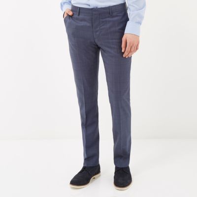 Navy subtle check wool-blend slim trousers